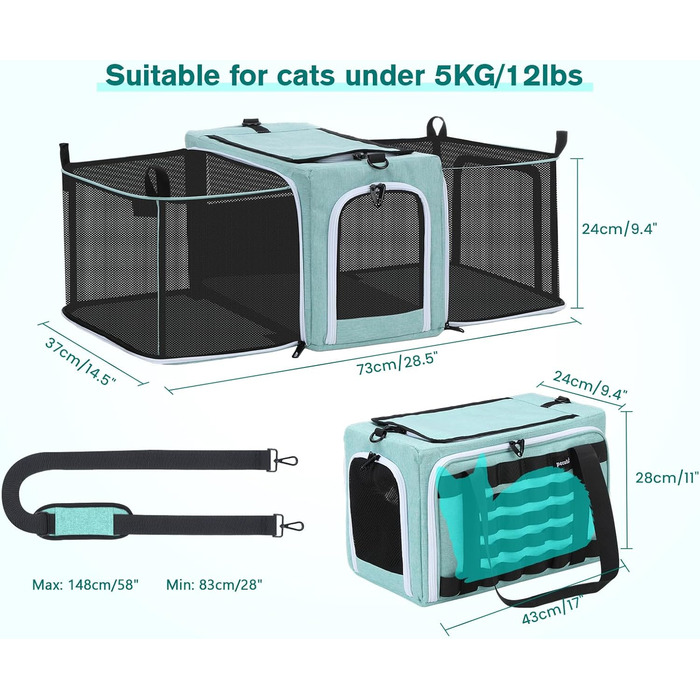 Транспортна переноска для котів Pecute, розширювана, для 2 котів, велика переноска для собак та цуценят, складана переноска-сумка для котів, аква-зелений колір