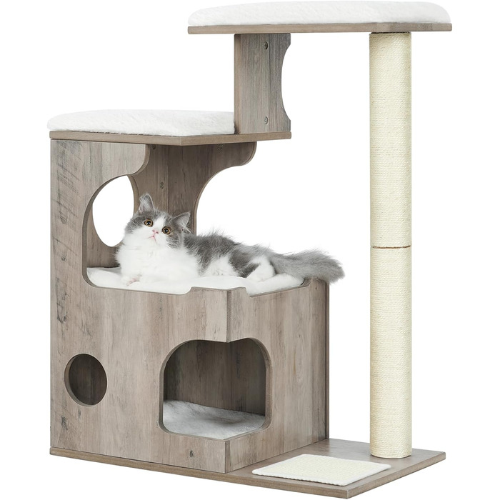 Котячий комплекс Feandrea WoodyWonders UPCT070G01, 86 см, сучасний котячий будинок-турнікет з 3 сидіннями, кігтеточка, мат, будиночок, 4 знімні пральні подушки, сіро-білий