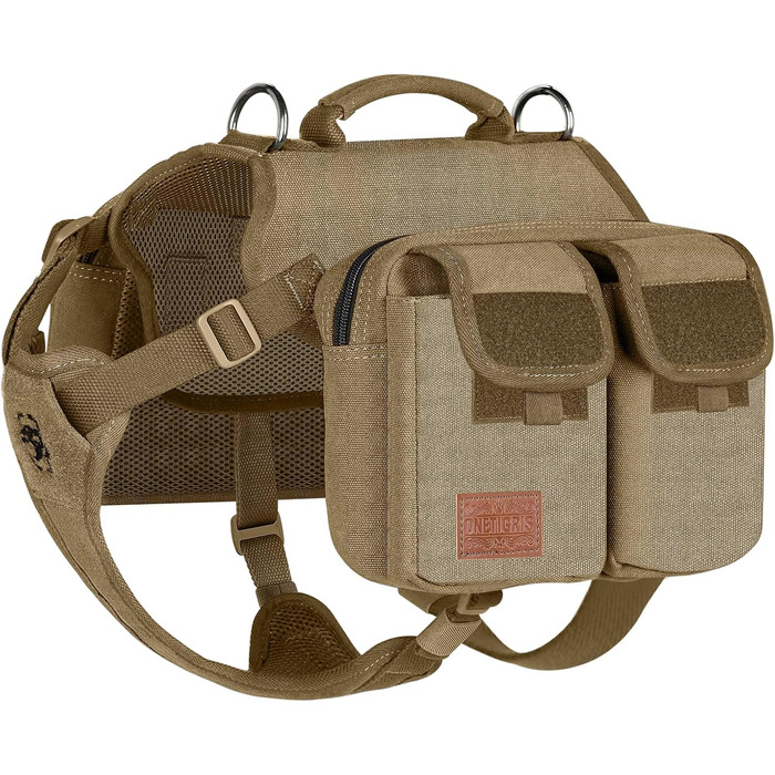 Шлейка для собак OneTigris з рюкзаком, Hoppy Camper 3.0, для кемпінгу та піших прогулянок, для середніх/великих собак, рюкзак на спину з 2 основними та 4 додатковими кишенями - Зелений (M, Коричневий)