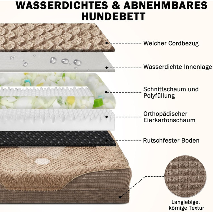Ортопедичне ліжко для собак FURTIME, середнього та великого розміру, з піною з пам'яті, знімний та миючий кошик для собак, антиковзаючі ліжечка для собак, диван для собак з високим бортиком, 89 x 64 x 18 см (XL(107x81x19cm), Колір: Коричневий)
