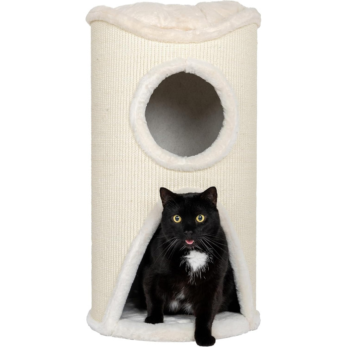 Дерев'яний кігтеточка для котів Bontoy Mukki Creme - 75 см, з 2 печерами, велика лежанка, обмотана сизалевим килимком, знімний коврик