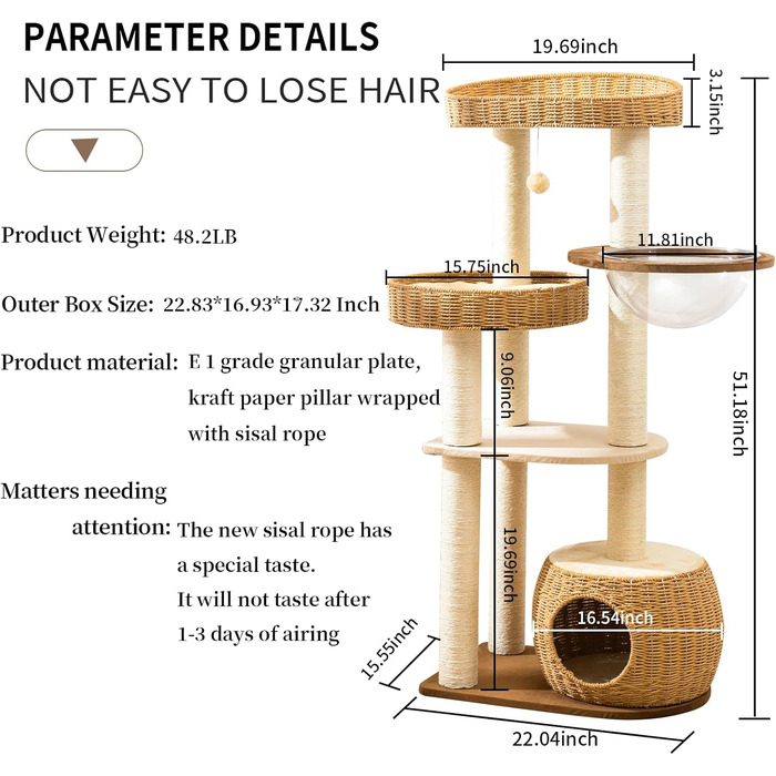 Великий кігтетопор для великих котів: багатоярусний комплекс з сизалю та плетіння, стійка база, дихаюча стійка, дерев'яні меблі для котів в інтер'єрі