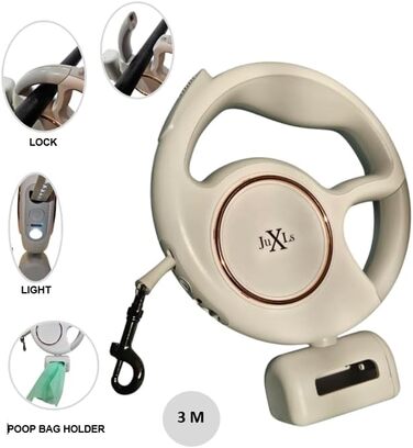 Леєнка для собак з LED-підсвіткою, 3м, тримач для відходів, відбивачі, білий/рожеве золото, для собак до 10кг