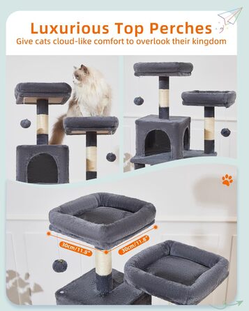 Дряпка для котів Taoqimiao MS020SG, котячий комплекс для дому, м'який будиночок з 6 стовпчиками, 2 лежаками, 2 домівками, гамаком і 3 іграшками-помпонами, сірий