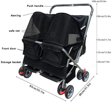 Дитяча коляска для кота та собаки 2в1, чорна з дощем, легко складається