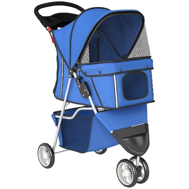 Дитячий візок для собак (buggy), складаний, до 10 кг, з кошиком, подушкою та сітчастими вікнами, для малих порід, 77x44x102 см, синій