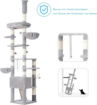 Котячий будиночок Hey-brother Kratzbaum: регульований котячий комплекс 250-280 см, до стелі, для великих котів, з гніздом, сірий, 0MPJ091W