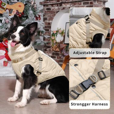 Тепла куртка для собак середнього розміру, XL, Khaki, з інтегрованим шлейкою, флісова підкладка, для зими, вітронепроникна