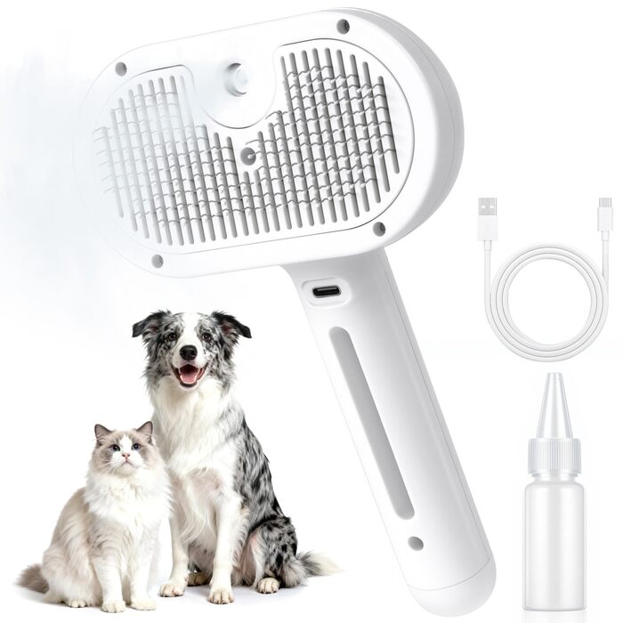 Щітка для котів з парою, для вичісування підшерстка, акумуляторна, з функцією розпилення, для котів та собак з довгою та короткою шерстю, самоочисна, масажна, біла