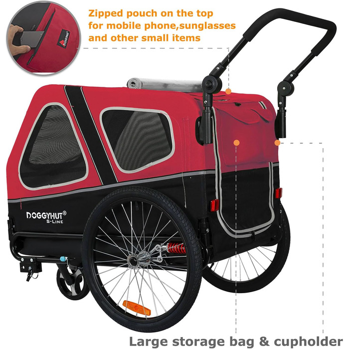 Doggyhut S-Line XL: прогулянка для собак - візок-причеп 2 в 1, до 45 кг, з амортизацією (червоний/чорний)