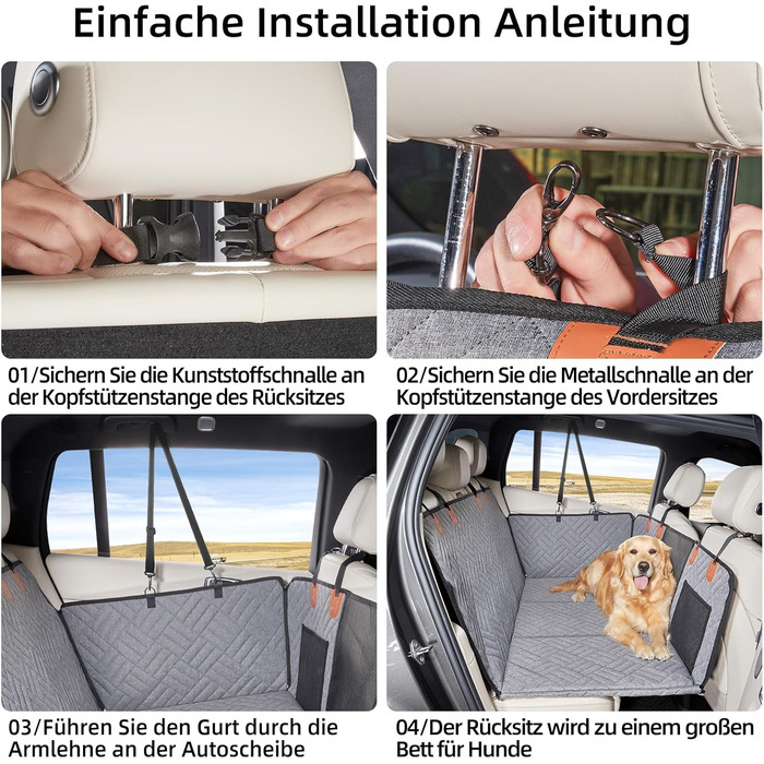 Задній сидіння для собак, жорсткий піддон (132x63,5 см), вантажопідйомність 40 кг, неслизька тканина Oxford для SUV/Kombi/Pick-up (Сірий, універсальний)