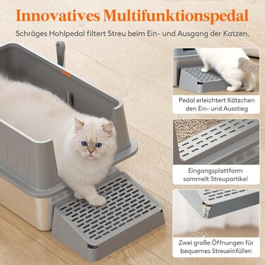 Лоток для котів Lifewit 28L з нержавіючої сталі, відкритий, 60x40x30 см, з лопаткою та педалем, сірий. Лоток для котів XXL, великий, без кришки, для великих котів, для вітальні, спальні