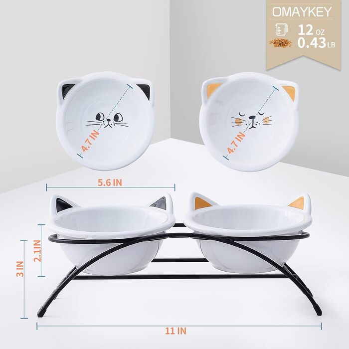 Набір мисок для котів з кераміки з підставкою та силіконовим килимком, 340 мл, нахилені, для котів, кошенят, маленьких собак, білий