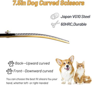 Професійна вигнута ножиці для грумінгу домашніх тварин 7.5 дюймів (25 градусів), 35 зубів, розрідження 65%, Gold High-End
