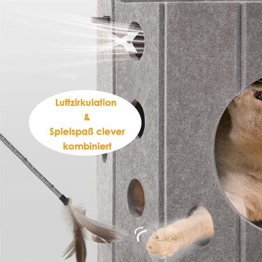 Сучасний котячий комплекс з 4 ярусами та 3 будиночками для котів, сірий. Міцний, з фетру, з іграшкою, 90 см.