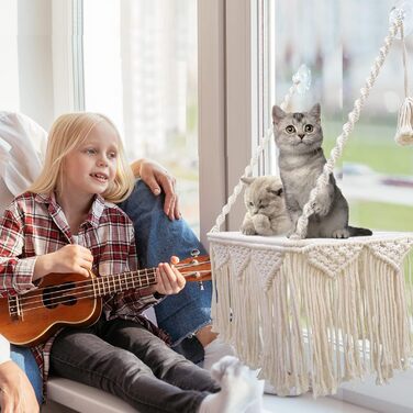 Макраме лежак-гамак для кота на вікно Boho, настінний з кріпленням на присосках, флісова підстилка і іграшка-м'яч, для відпочинку, засмаги та огляду, до 4 кг