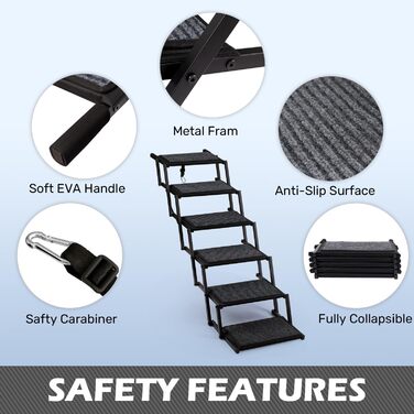 Сходинка для собак у машину, складна, до 113 кг - для великих собак, SUV, Anti-slip, метал та тканина, 6 сходинок, сіра