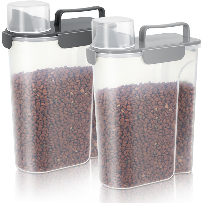 Контейнери для корму для собак, велика воронка, 2.3 кг, пластик, з 4 герметичними закриттями, 1 мірний стакан та ручка, легко миються та переносяться, 2 шт, світло-сірий + темно-сірий