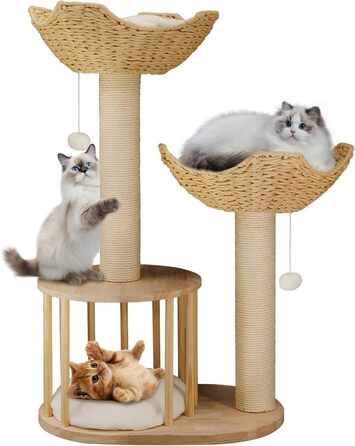 Дерев'яний кігтеточка для котів BingoPaw: сучасний комплекс 99 см з будиночком, м'ячиком та сизалевою колоною. Підходить для котів будь-якого віку.