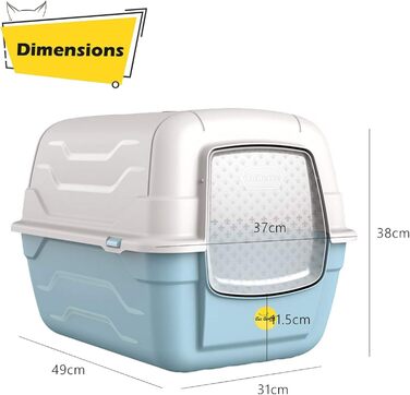 Туалет для котів Cat Centre з кришкою, лотком, дверцятами, шкребком та вугільним фільтром для великих котів, 52 x 40 x 40 см (52 x 40 x 40 см, Синій + Синій килимок)