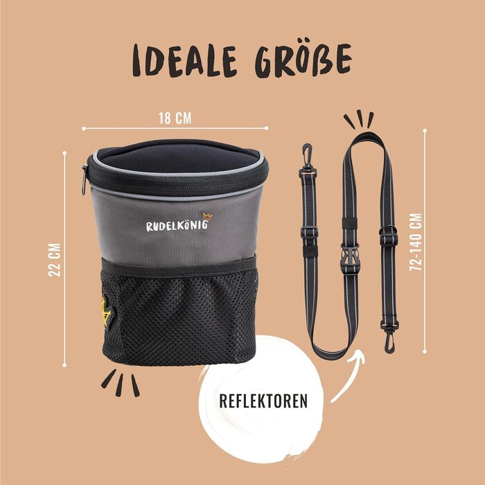 Сумка для ласощів для собак Rudelkönig - Практична сумка для прогулянок з собакою, для дресирування - Фурнітурний мішечок для собак з дозатором кульок для прибирання, на плече, Базовий сірий
