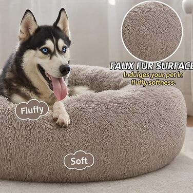 Заспокійливе ліжко для собак у вигляді пончика, м'який плюш, кругле ліжко для котів, зручне, м'яке, миється, подушка, самопідігріваюче ліжко для тварин з антиковзною основою, місце для сну та відпочинку (90 x 90 x 20 см, тауп)