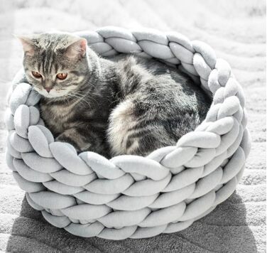 Розкішне кругле котяче ліжко Tiles, в'язане гачком, велике, 50,8 см, сіре