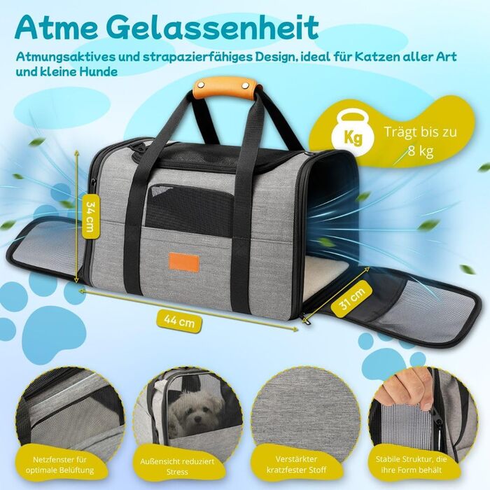 TREKAM Транспортний бокс для котів та маленьких собак з мискою, ковдрою, ременем на плече та м'якою підкладкою - для автомобіля та літака