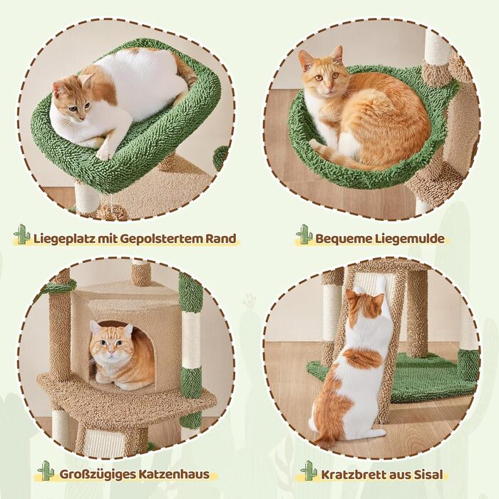 Дім-когтеточка для котів Yaheetech Kaktus: стабільна конструкція, оглядові платформи, печера, лежанка, сизаль, бежево-коричневий (коричнево-зелений, M)