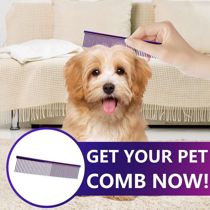 Гребінець для собак та котів, нержавіюча сталь, заокруглені зубці, 19 x 3,5 см (фіолетовий)