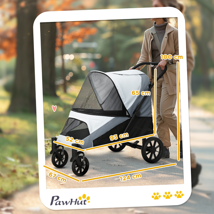 PawHut Коляска для собак Dog Buggy складна для великих собак і кішок до 30 кг Баггі для кішок з подушками Сітчасті вікна Двері Сумка для зберігання Котяча коляска з страхувальними тросами, гальмами, баггі Сірий | Аосом