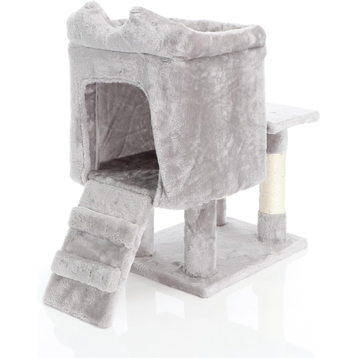 Дряпка для котів Fudajo 60 см з будиночком, платформами та ігровими елементами, покриття сизаль, сірий колір