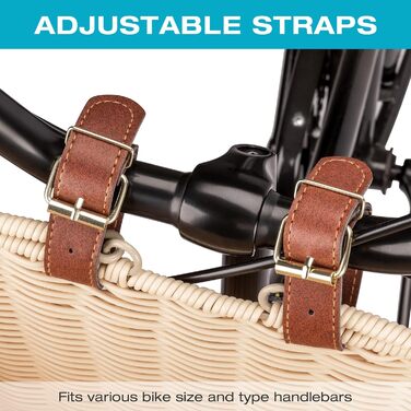 Фарбований велосипедний кошик CXWXC – міцний передній кошик з ручної плетіння з лози з регульованими ремінцями з веганської шкіри, бежевий