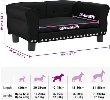 Софа для собак, зручне ліжко для домашніх тварин, лежанка для собак з штучної шкіри, ліжко для цуценят, диван для домашніх тварин, будочка для собак великих та середніх порід, сучасний та елегантний дизайн (70x45x30 см, чорний)