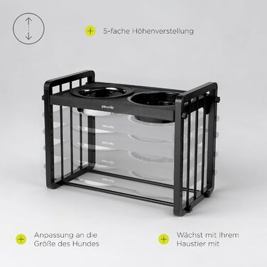 Миска для собак Peluvio Levee з регульованою висотою, 5 рівнів, 1100 мл (для їжі) + 1450 мл (для води), металевий стенд, уповільнювач подачі, кут 10°