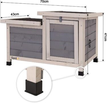 Клітка для кроликів Lionto з дерева з двома входами, 70x43x45 см, водостійке дах з бітуму та пластикові ніжки, для внутрішнього та зовнішнього використання, зимостійка, сучасний дизайн