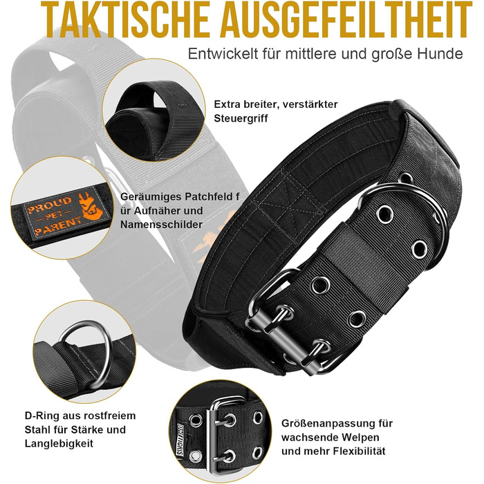 Нашийник для собак OneTigris 5 см з ручкою та патчем, чорний, розмір L