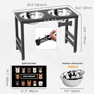 Підвищені годівниці для собак великих та екстра-великих порід, підставка для мисок з нержавіючої сталі (2,863 г) та не проливаючим килимком, годівниця висотою 43,2 см для великих порід, висота: 43 см (чорний)