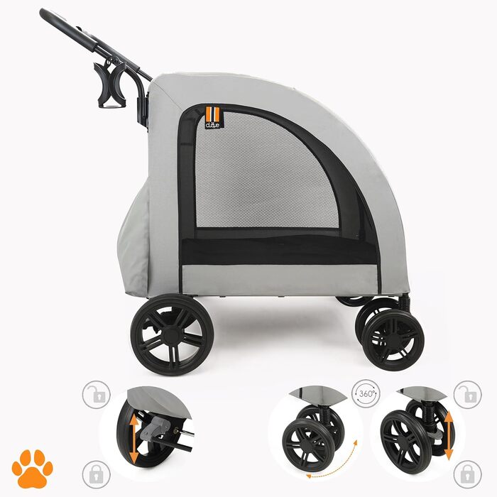Візок для собак Честер - візок для великих собак, котів, зручний, складний, з дощем та тримачем для напоїв, вантажопідйомність 50 кг (Сірий)