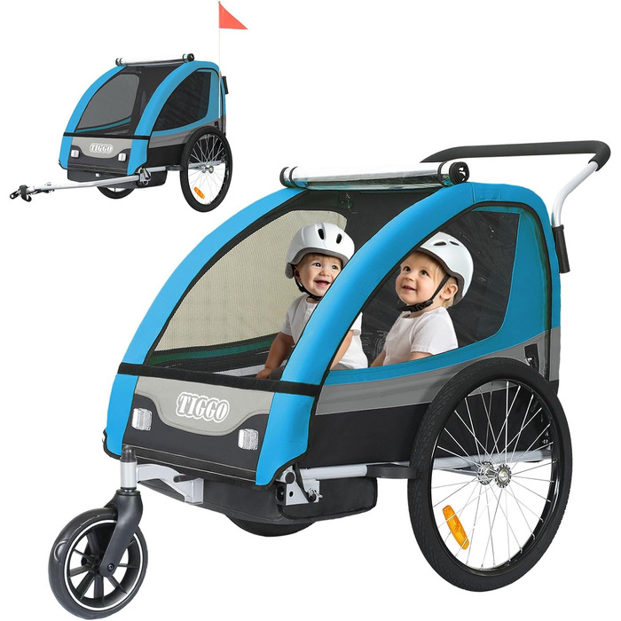 Дитячий причіп Tiggo 2 в 1: велосипедний причіп та біговий причіп для дітей, блакитний