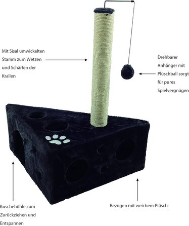 Дряпка для котів Dehner Tammy, 68 x 45 x 45 см, плюш/фліс/сизаль, чорна