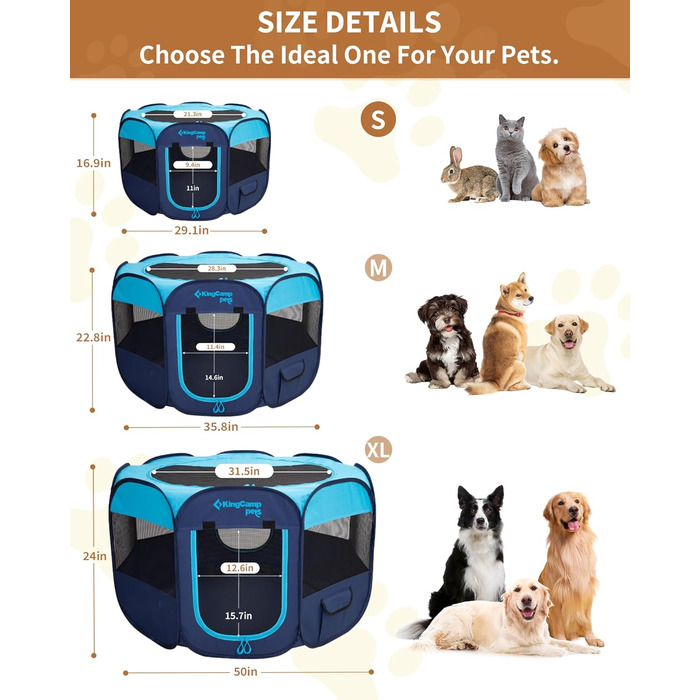 KingCamp Переносний вольєр для собак, вольєр для цуценят, складаний вольєр для тварин, собачий намет з сумкою, для дому та вулиці, знімний замок-блискавка знизу, розмір S (8-секційний вольєр для тварин, блакитний)