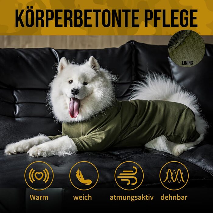 Комбінезон для собак OneTigris FUZZBUD, зелений, L: теплий, еластичний, для собак середніх та великих порід, захист від випадання шерсті, алергії, витікання, ран
