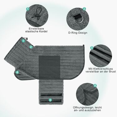 Рушник для собак з мікрофібри, швидковисихаючий, з клямками та регульованою гумкою, можна прати в машині, підходить для великих, середніх та маленьких собак, сірий (XL)