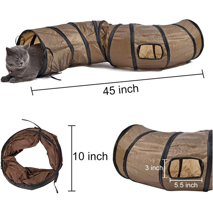 Туннель для котів Andiker S-подібної форми, складаний, іграшка-пазл для гри в приміщенні та на вулиці, з 2 бічними отворами (коричневий)