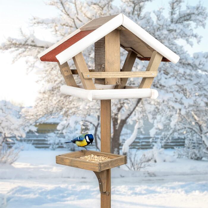 Дерев'яний годівничка для птахів VOSS.garden Birdy зі стійкою, силосом для корму та кормовим столиком, 30 x 48 x 123 см