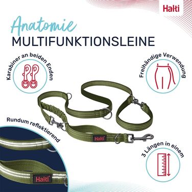 Мультифункціональний повідець HALTI Anatomy з двома карабінами і амортизатором, світловідбивний, легкий, для вигулу та дресирування собак, підходить для цуценят, розмір S, зелений