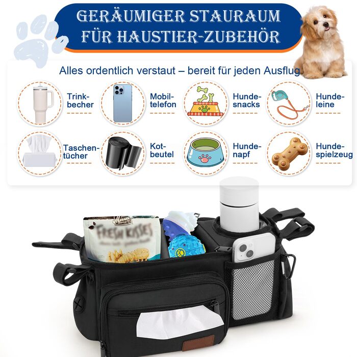 Органайзер для дитячої коляски та собак, сумка-органайзер для аксесуарів для собак з дозатором пакетів для екскрементів, кишенькою для ласощів та тримачем для чашки, сумісний з ручками 35–48 см, подарунок для любителів тварин, чорний