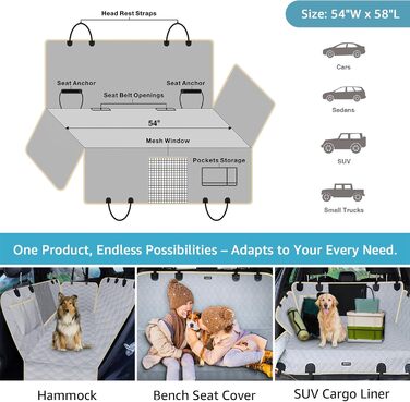 Захисний чохол на сидіння для собак Lassie XL, автомобільна гамак для великих SUV та пікапів, сумісний з F150 F250/Chevrolet Silverado/Ram Pickup/GMC Sierra/Toyota Tundra та Crew Cab (54'W x 58'L, сірий)