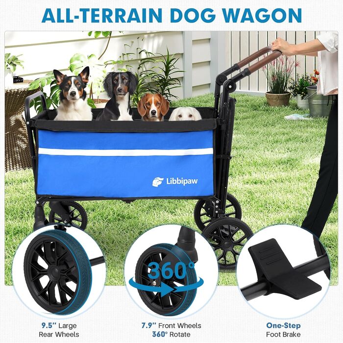 Універсальна візок для собак на великих колесах, 2-в-1 візок для дітей та собак з антиковзною рампою та поворотним ручками, складний візок для великих собак, літніх людей та травмованих тварин, для відвідування ветеринара, блакитний